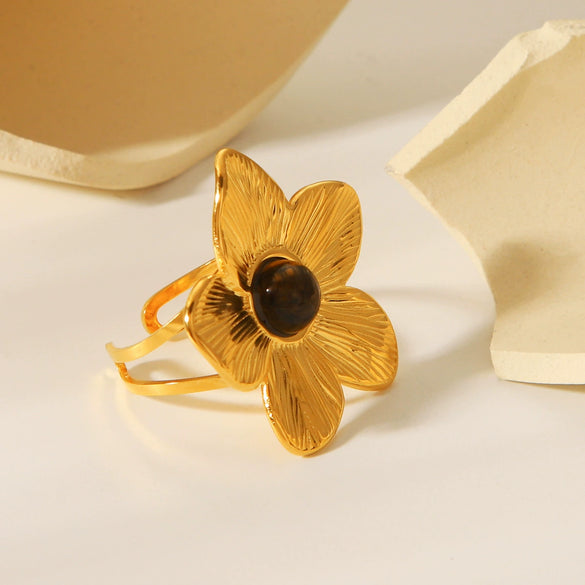 Retro Style Stainless Steel Ring With Tiger Eye And Flower Geometric Pattern Electroplated Women's Jewelry