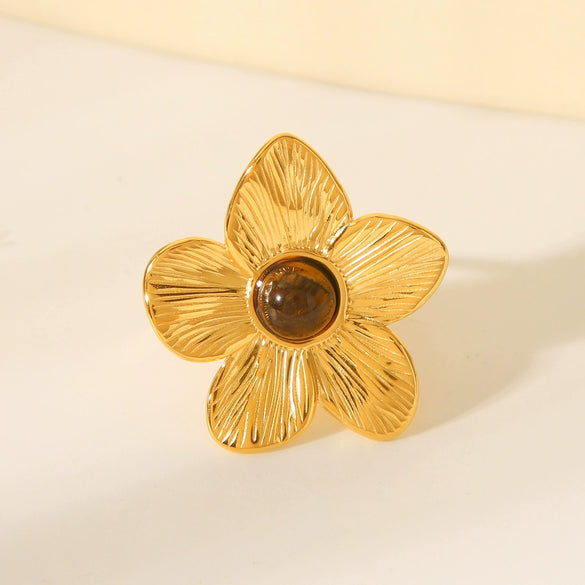 Retro Style Stainless Steel Ring With Tiger Eye And Flower Geometric Pattern Electroplated Women's Jewelry