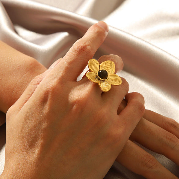 Retro Style Stainless Steel Ring With Tiger Eye And Flower Geometric Pattern Electroplated Women's Jewelry