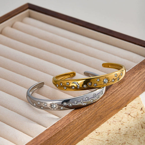 Retro Sun And Moon Open Bracelet With Diamond Accents Gold Plated Stainless Steel Star Jewelry For Women