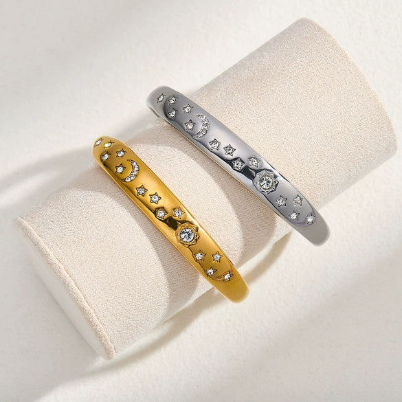 Retro Sun And Moon Open Bracelet With Diamond Accents Gold Plated Stainless Steel Star Jewelry For Women