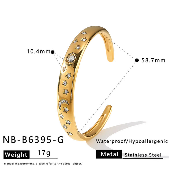 Retro Sun And Moon Open Bracelet With Diamond Accents Gold Plated Stainless Steel Star Jewelry For Women