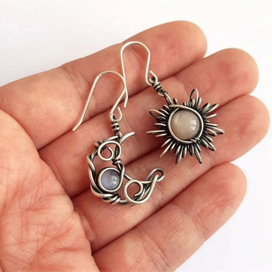 Retro Sun Moon Alloy Inlay Moonstone Women's Drop Earrings