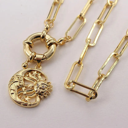 Retro Sun Moon Copper Gold Plated Zircon Pendant Necklace In Bulk