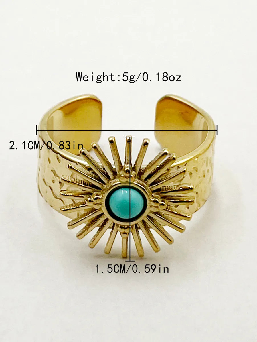 304 Stainless Steel 14K Gold Plated Retro Plating Inlay Sun Natural Stone Turquoise Open Ring