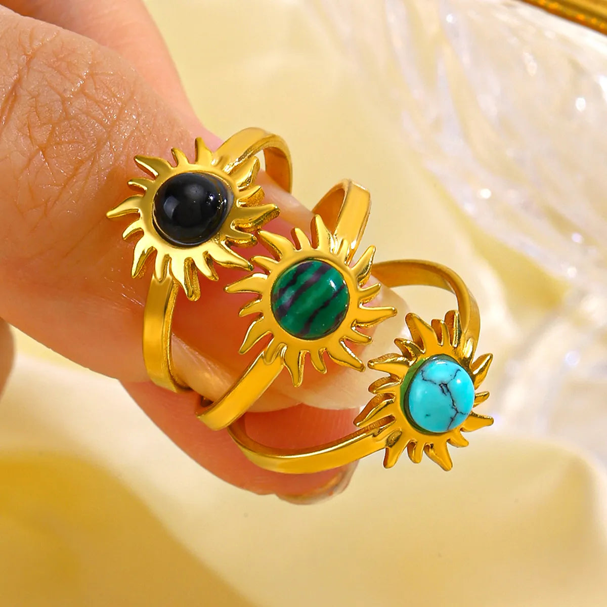 Retro Sun Stainless Steel Plating Inlay Turquoise Obsidian 18k Gold Plated Open Rings