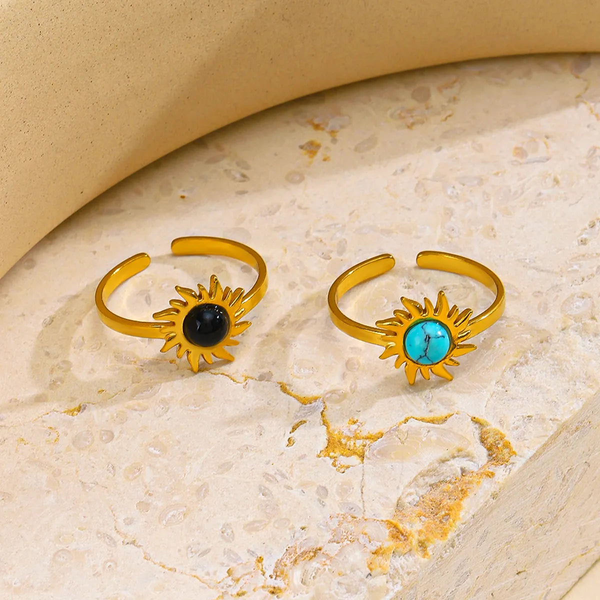 Retro Sun Stainless Steel Plating Inlay Turquoise Obsidian 18k Gold Plated Open Rings