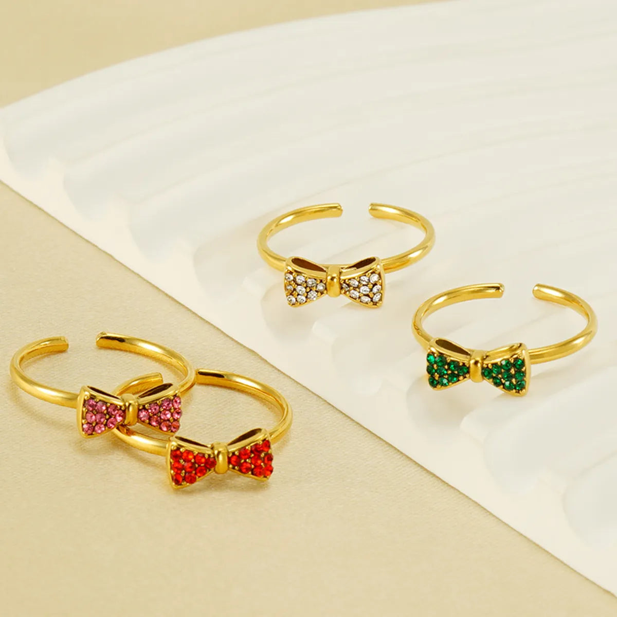 Retro Sweet Bow Knot Stainless Steel Plating Inlay Zircon 18k Gold Plated Open Rings