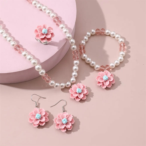 Retro Sweet Flower Resin Inlay Pearl Girl'S Jewelry Set