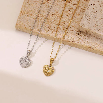 Retro Sweet Heart Shape Stainless Steel Plating Inlay Zircon White Gold Plated Gold Plated Pendant Necklace