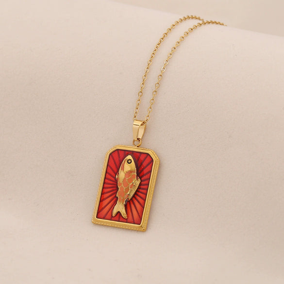 Retro Tarot Love Fish Heart Shape Stainless Steel Pendant Necklace