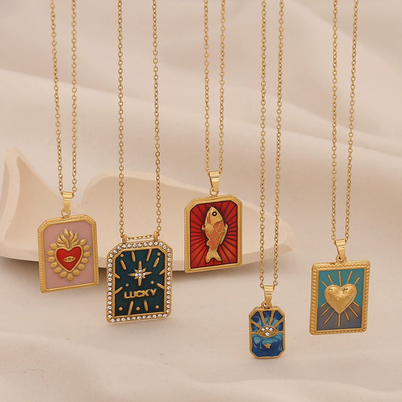 Retro Tarot Love Fish Heart Shape Stainless Steel Pendant Necklace