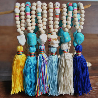 Retro Tassel White Wood Bead Turquoise Soft  Necklace