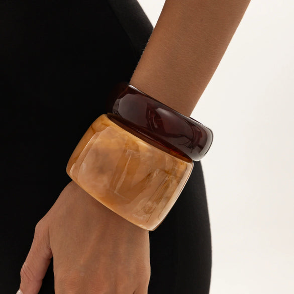 Retro Tie Dye Resin Wide Bracelet With Irregular Geometric Shape Polished Finish And Layered Stacked Style