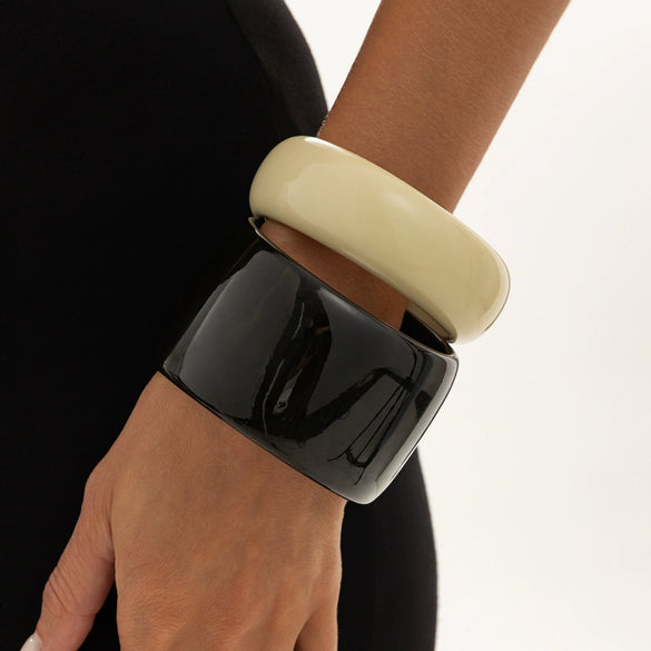 Retro Tie Dye Resin Wide Bracelet With Irregular Geometric Shape Polished Finish And Layered Stacked Style