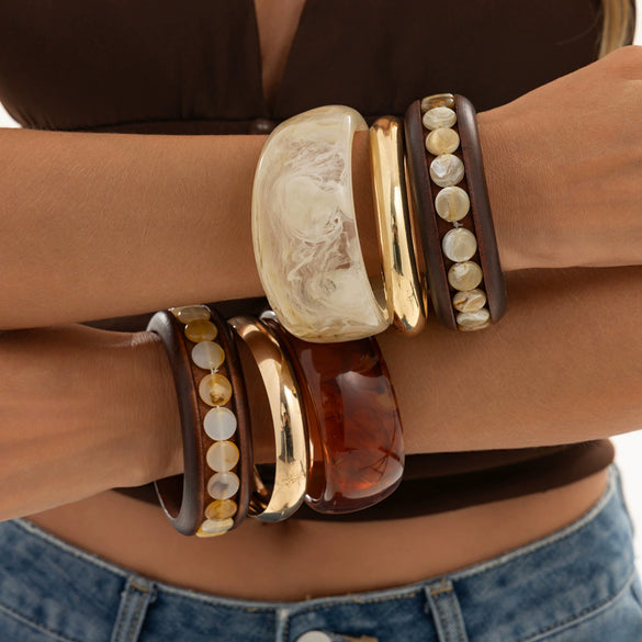 Retro Tiedye Resin And Layered Metal Bracelet Set With Inlaid Round Beads And Wooden Bracelet