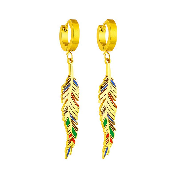 Retro Titanium Steel Gold Color Drop Oil Leaf Pendant Earrings With Geometric Pattern And Electroplating Design Unisex Long Earrings