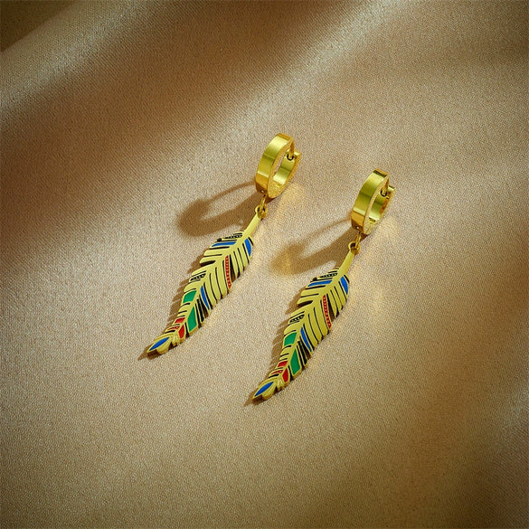 Retro Titanium Steel Gold Color Drop Oil Leaf Pendant Earrings With Geometric Pattern And Electroplating Design Unisex Long Earrings