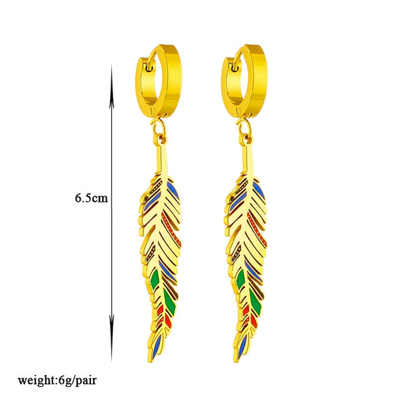 Retro Titanium Steel Gold Color Drop Oil Leaf Pendant Earrings With Geometric Pattern And Electroplating Design Unisex Long Earrings