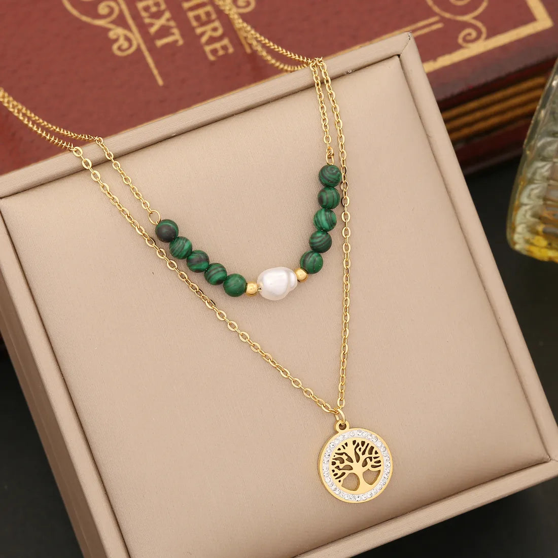 Wholesale Retro Tree Heart Shape Eye Stainless Steel Malachite Inlay 18K Gold Plated Artificial Diamond Pearl Layered Necklaces