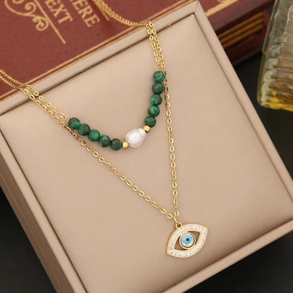 Wholesale Retro Tree Heart Shape Eye Stainless Steel Malachite Inlay 18K Gold Plated Artificial Diamond Pearl Layered Necklaces