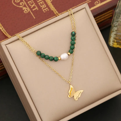 Wholesale Retro Tree Heart Shape Eye Stainless Steel Malachite Inlay 18K Gold Plated Artificial Diamond Pearl Layered Necklaces