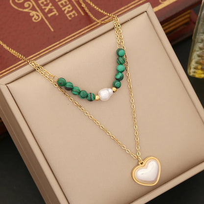 Wholesale Retro Tree Heart Shape Eye Stainless Steel Malachite Inlay 18K Gold Plated Artificial Diamond Pearl Layered Necklaces