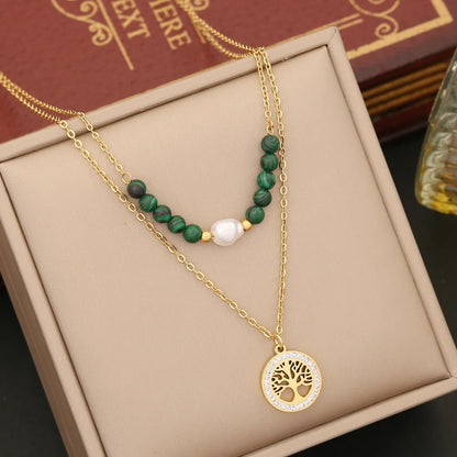 Wholesale Retro Tree Heart Shape Eye Stainless Steel Malachite Inlay 18K Gold Plated Artificial Diamond Pearl Layered Necklaces