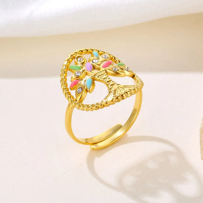 Retro Tree Stainless Steel Plating Inlay Zircon 18k Gold Plated Open Rings