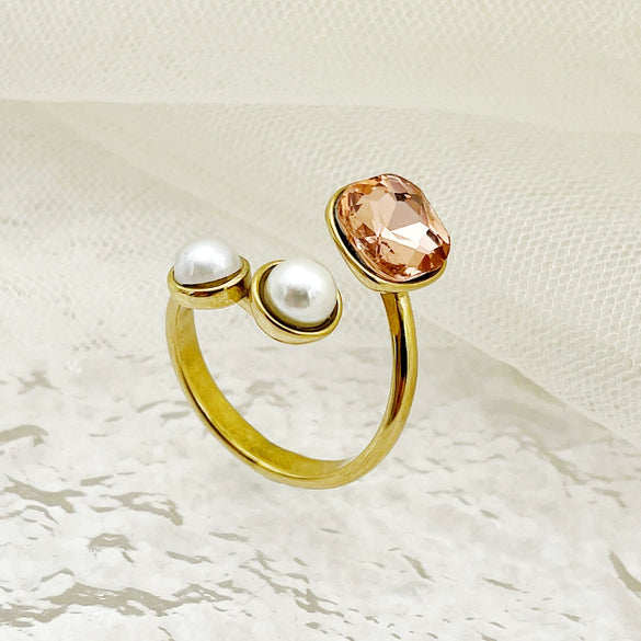 Retro Trendy Commuter Pearl Pink Crystal Gemstone Stainless Steel Electroplated Ring