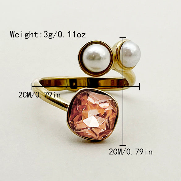 Retro Trendy Commuter Pearl Pink Crystal Gemstone Stainless Steel Electroplated Ring