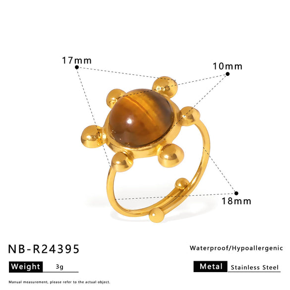 Retro Trendy Ins Style Stainless Steel Special Shaped Asymmetrical Geometric Ring With Tiger Eye Stone And Titanium Steel Electroplated