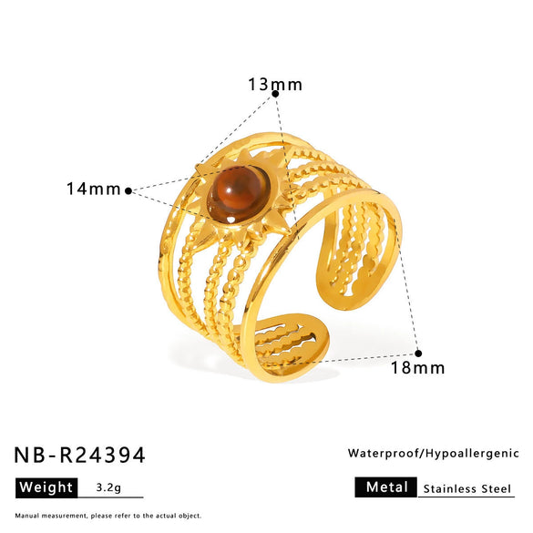 Retro Trendy Ins Style Stainless Steel Special Shaped Asymmetrical Geometric Ring With Tiger Eye Stone And Titanium Steel Electroplated