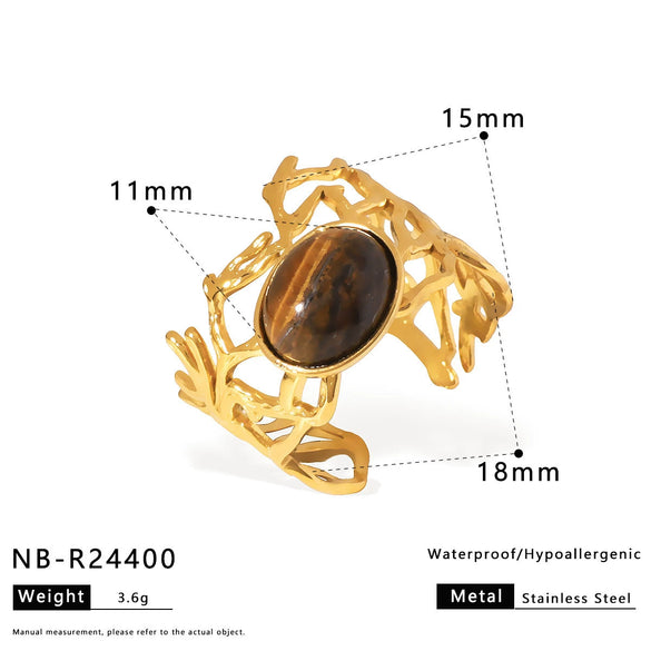 Retro Trendy Ins Style Stainless Steel Special Shaped Asymmetrical Geometric Ring With Tiger Eye Stone And Titanium Steel Electroplated