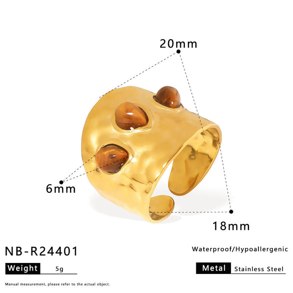 Retro Trendy Ins Style Stainless Steel Special Shaped Asymmetrical Geometric Ring With Tiger Eye Stone And Titanium Steel Electroplated