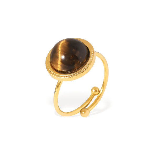 Retro Trendy Ins Style Stainless Steel Special Shaped Asymmetrical Geometric Ring With Tiger Eye Stone And Titanium Steel Electroplated