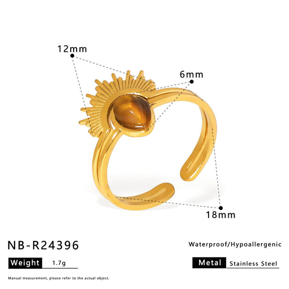 Retro Trendy Ins Style Stainless Steel Special Shaped Asymmetrical Geometric Ring With Tiger Eye Stone And Titanium Steel Electroplated