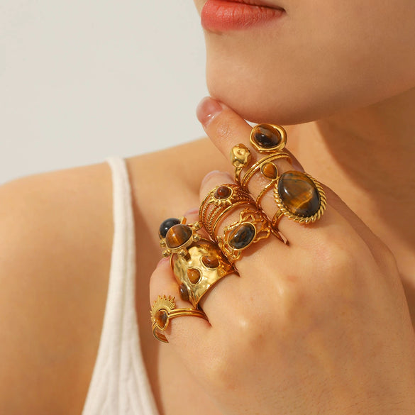 Retro Trendy Ins Style Stainless Steel Special Shaped Asymmetrical Geometric Ring With Tiger Eye Stone And Titanium Steel Electroplated