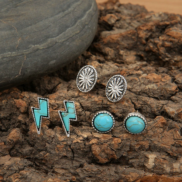 Retro Turquoise Alloy Earrings Three Piece Set With Lightning Pumpkin Flower Design And Electroplating Treatment