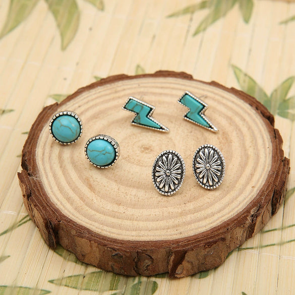 Retro Turquoise Alloy Earrings Three Piece Set With Lightning Pumpkin Flower Design And Electroplating Treatment