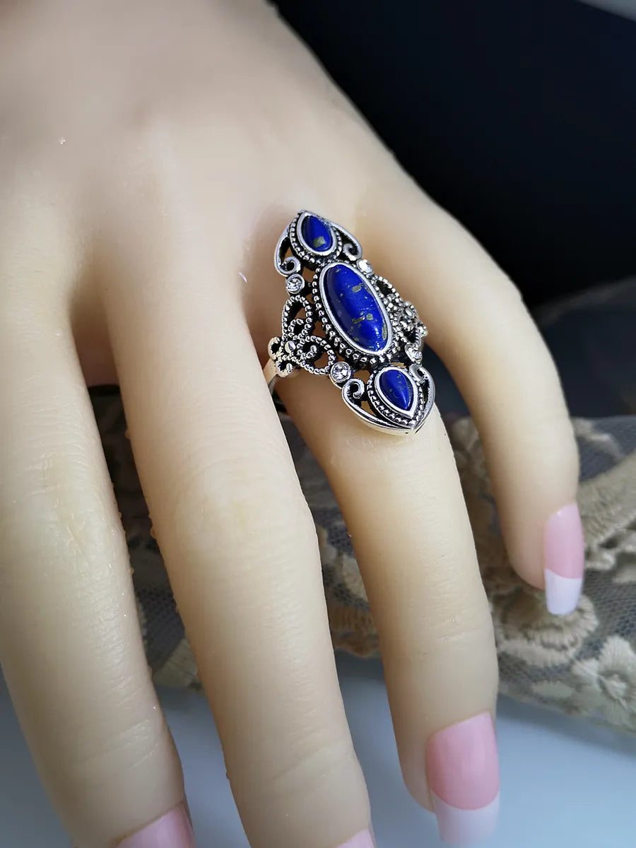 Retro Turquoise Creative Hollow Carved Lapis Lazuli Ring