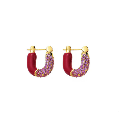 Retro U Shape Copper Inlay Zircon Earrings 1 Pair