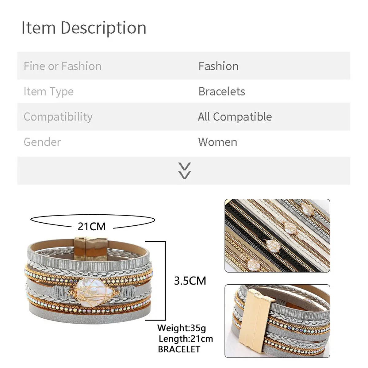 Retro Vacation Geometric Pu Leather Alloy Freshwater Pearl Braid Metal Button Women'S Bracelets