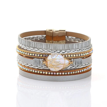 Retro Vacation Geometric Pu Leather Alloy Freshwater Pearl Braid Metal Button Women'S Bracelets