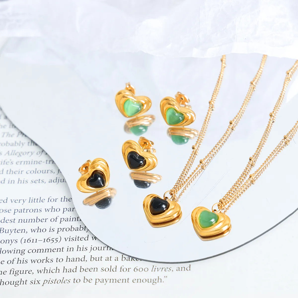 Wholesale Jewelry Retro Vacation Heart Shape Titanium Steel Opal Glass Stone 18K Gold Plated Plating Inlay Earrings Necklace