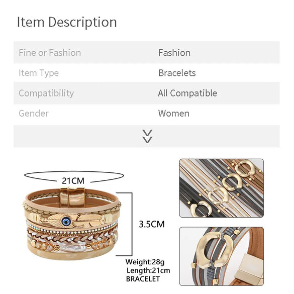 Retro Vacation Leaf Eye Feather Pu Leather Imitation Pearl Alloy Layered Women'S Bracelets