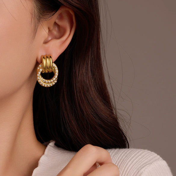 Retro Vintage Style Geometric Circle Zircon Stainless Steel Electroplating Women's Earrings
