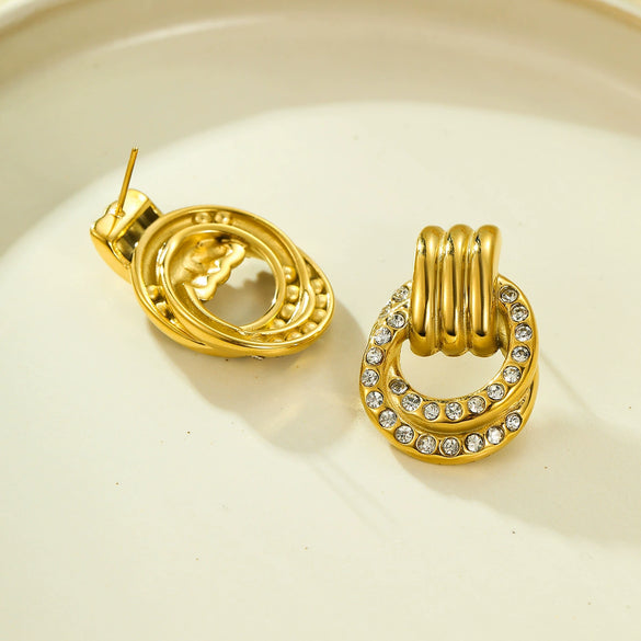 Retro Vintage Style Geometric Circle Zircon Stainless Steel Electroplating Women's Earrings