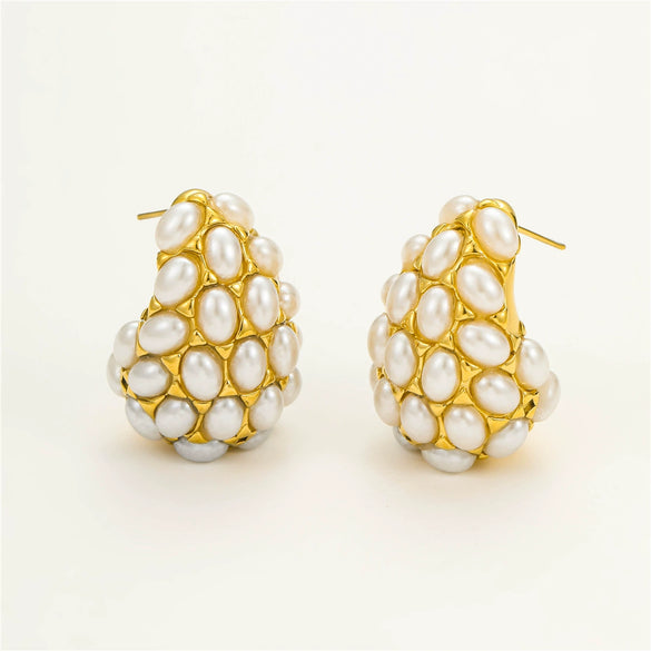 Retro Vintage Style Titanium Steel Dropshaped Pearlinlaid 18K Gold Electroplated Women's Earrings