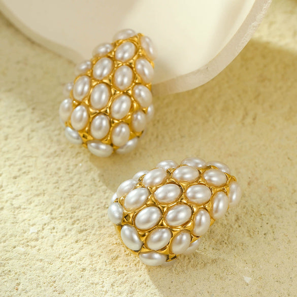 Retro Vintage Style Titanium Steel Dropshaped Pearlinlaid 18K Gold Electroplated Women's Earrings